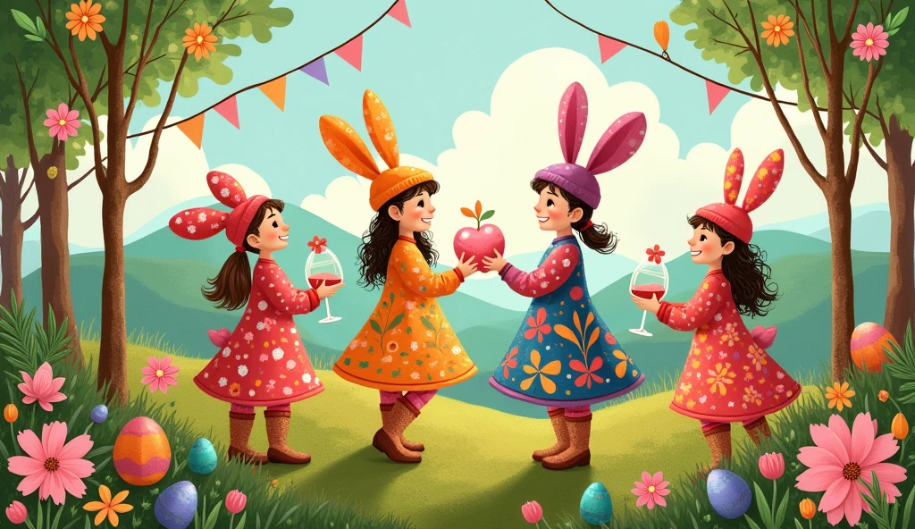 blood donation event, in the style of children illustrations, detailed costumes, colorful costumes, folk art inspiration, earthy tones, naturecore, cut and paste, easter
