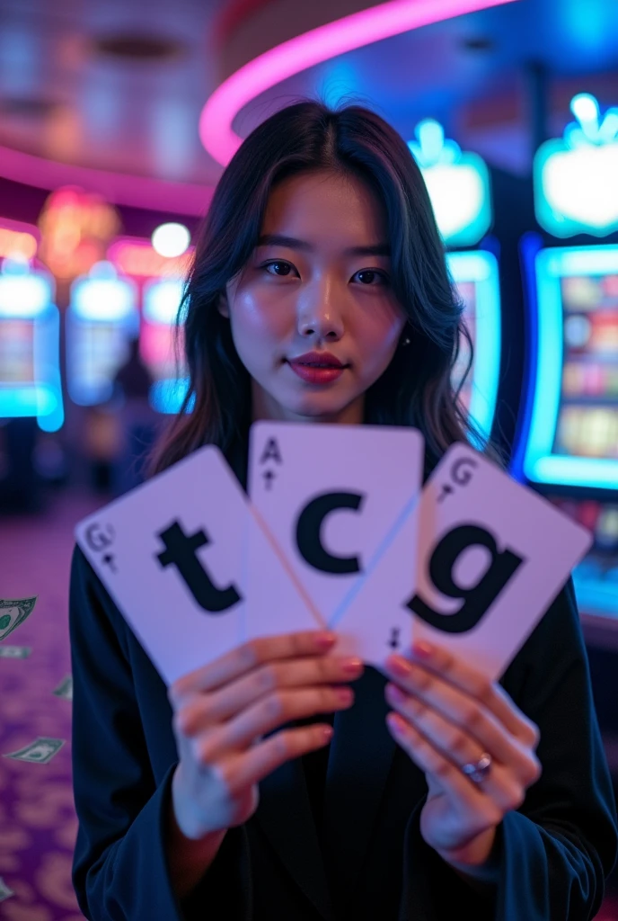 A graphic design photo in which three flash cards with T C G written on them separately. And the background should be like a casino and the background color should be blue or pink. A gril which is chines or Korean and Casino Game machine is also showing in background and Dollar currency also flying in all areas 