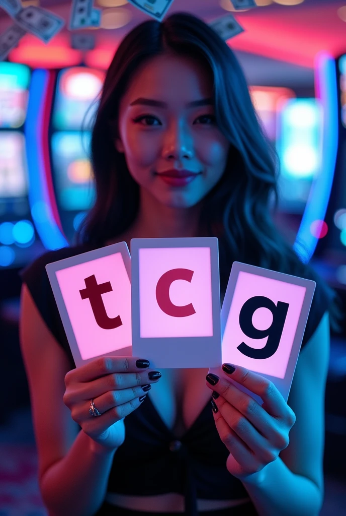 A graphic design photo in which three flash cards with T C G written on them separately. And the background should be like a casino and the background color should be blue or pink. A gril which is chines or Korean and Casino Game machine is also showing in background and Dollar currency also flying in all areas