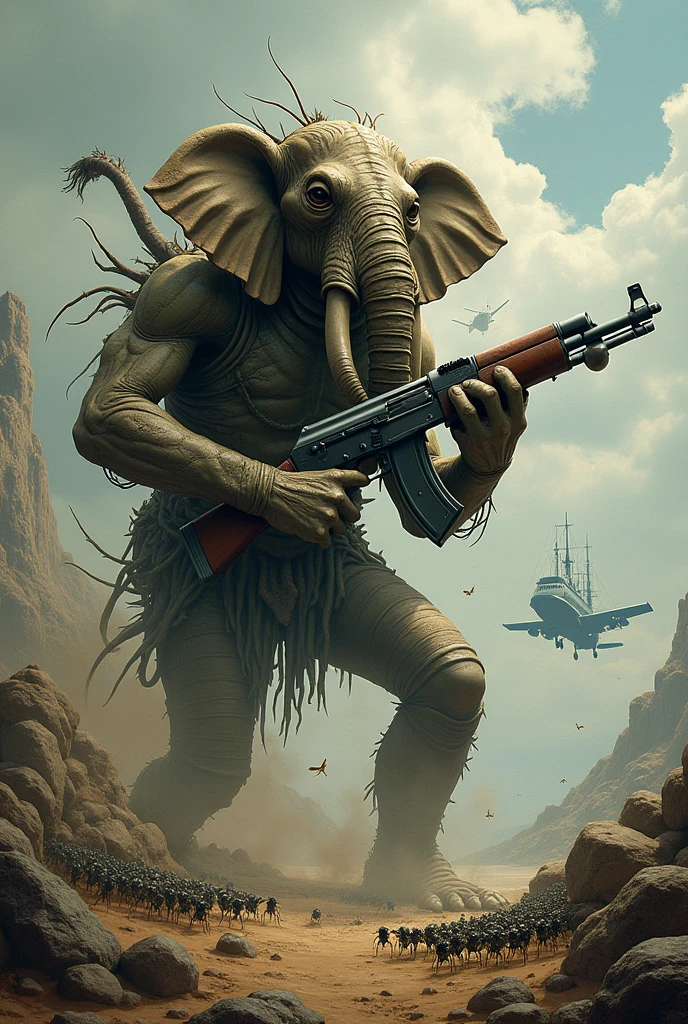 Monster ak 47 gun with army elephant with ant with aeroplane with ship