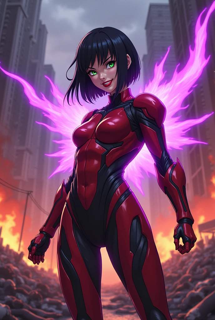 An anime style action pose of a Beautiful evil supervillain woman with short black hair in a bob, green eyes filled with confidence, and red lips, a sadistic grin across her face. She is wearing a high tech suit of red and black power armor and radiating purple energy. Destroying, Evil wins, burning city, lots of bodies litter the ground.