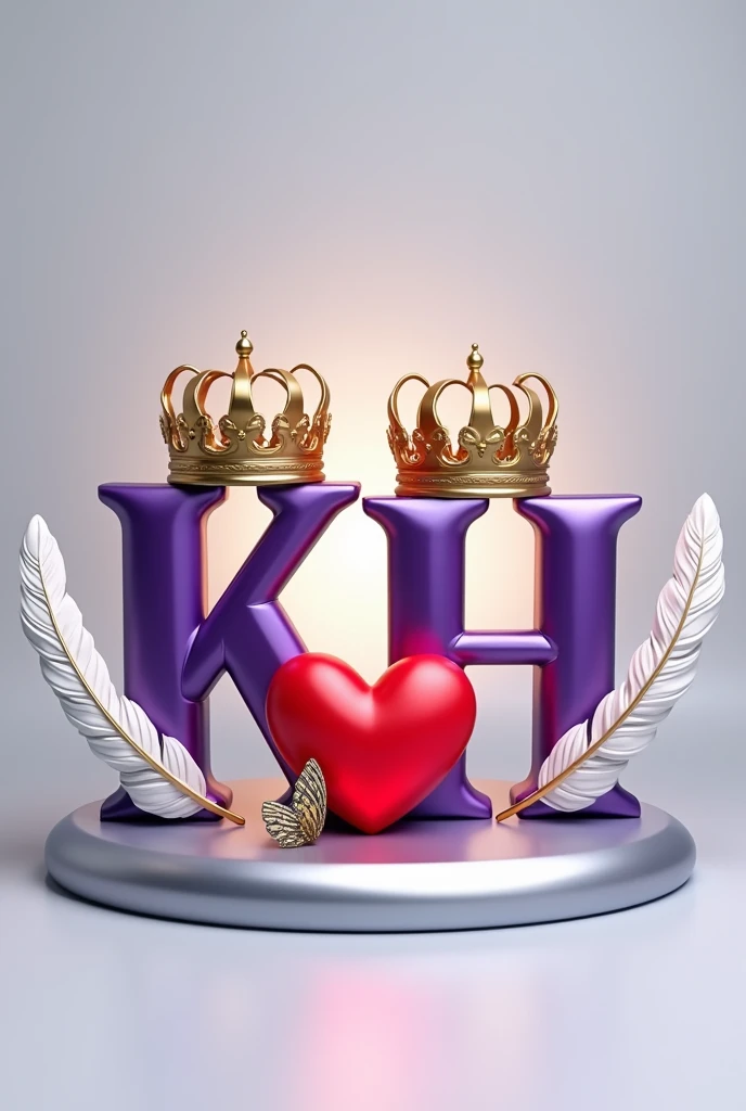 A 3d render of the two capital letters "K" and "H" in a purple and gold metallic font with golden British crowns above both letters and a white feather and butterfly, with a light shine behind the word, and a silver swirl underneath. A red heart between both letters, The background is a light gray.