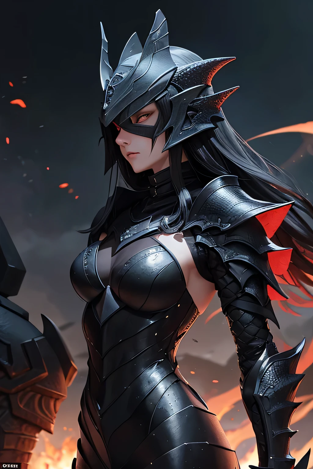 A slender female dragon knight in (((jet-black))) armor designed to resemble dragon scales, with a full helmet shaped like a dragon's face, scarred from battle, stained with blood and mud, gripping a lance, sweat glistening on her skin."