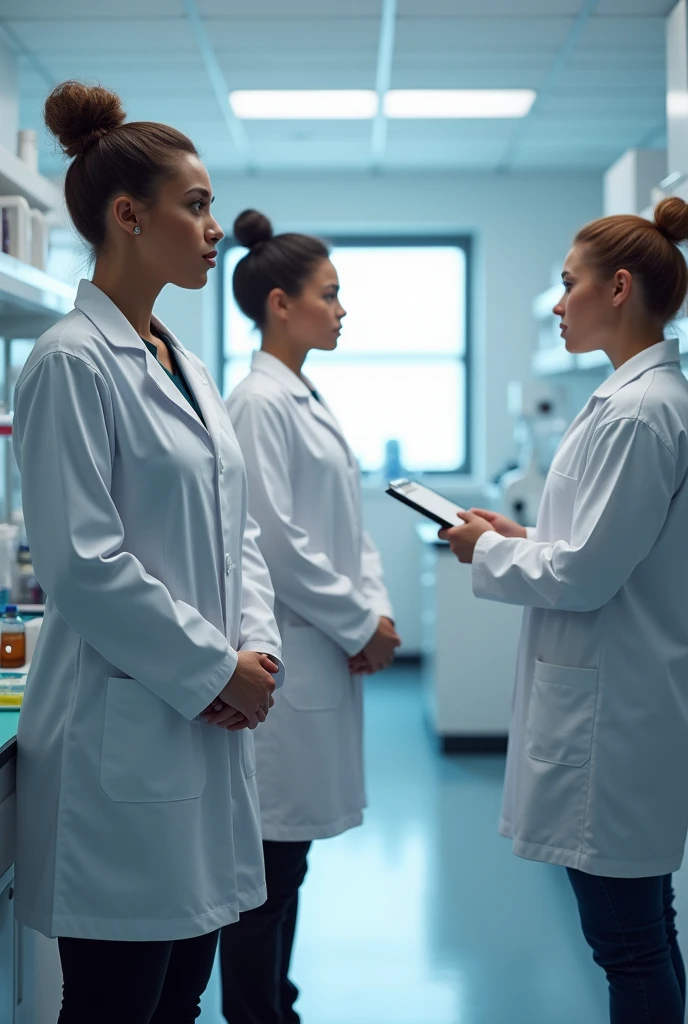 Create two people who are being audited for quality, and the auditor. Who are being audited wearing lab coats and they are in the lab