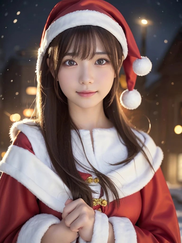 Beautiful attention to detail,Droopy eyes,Beautiful lip detail, Very detailed目と顔, Long eyelashes, A girl of half Scandinavian and half Japanese descent, Fantasy Characters, (Santa Claus Costume:1.25),smile,short hair,Very detailed, Dramatic lighting, Luminous effect, haze, Intricate details, Volumetric lighting, Structure of the film, Ultra-realistic, 8k, Highest quality, masterpiece, Realistic,High-resolution correction,Snowy night town