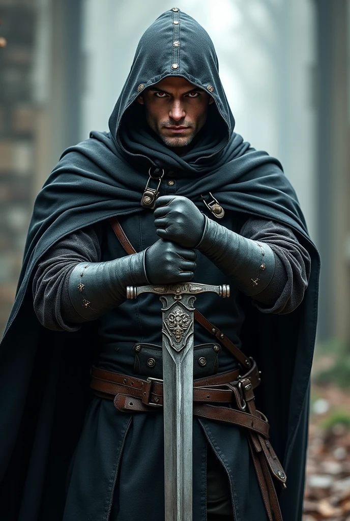 Short grey hair、Red Eyes、A fearless face、Black opaque clothing with leather hood、Wearing gloves、Holding a medieval sword、One caucasican male Swordsman、30 year、combat style
