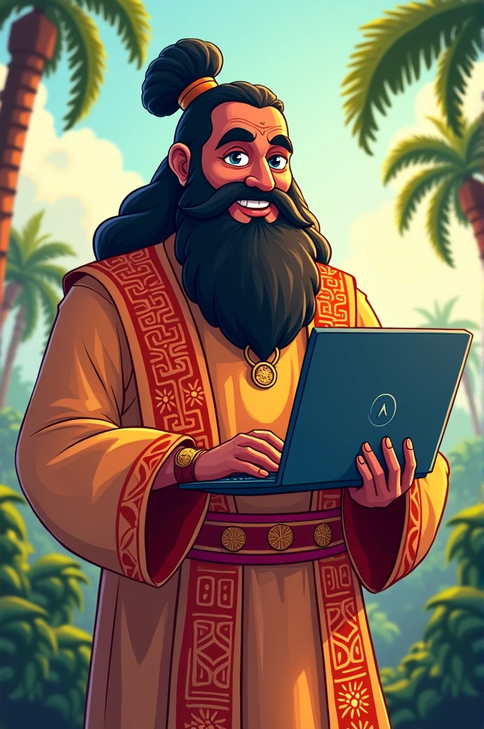 Maveli holding a computer in cartoon form