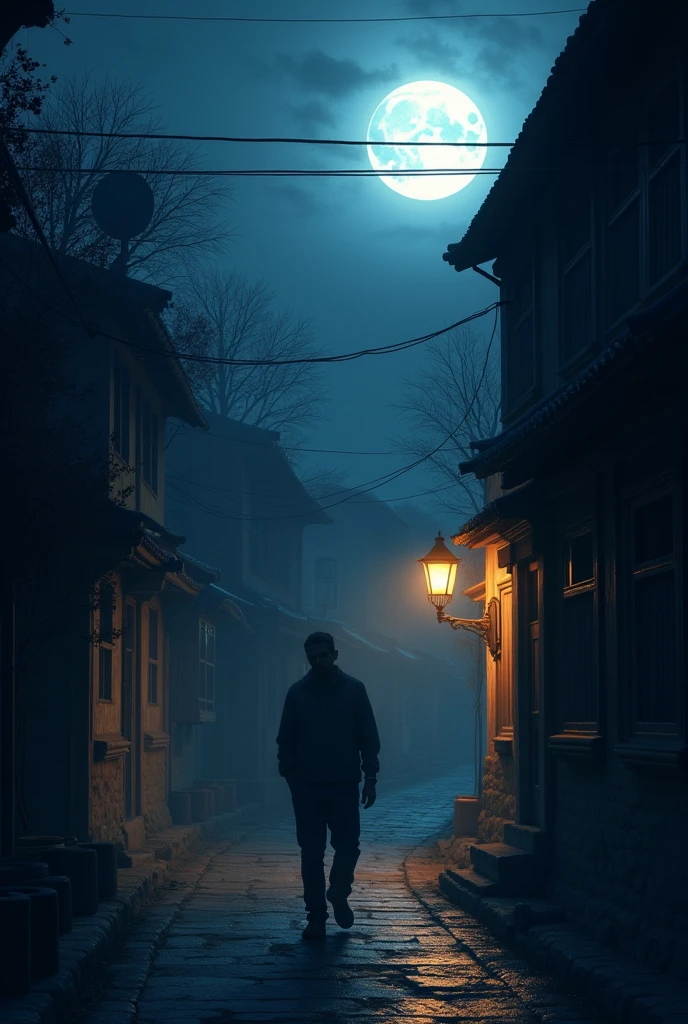 image from the front.
a man walks at night in a dark and quiet village there is only a dim lamp but his face is visible because of the bright moonlight