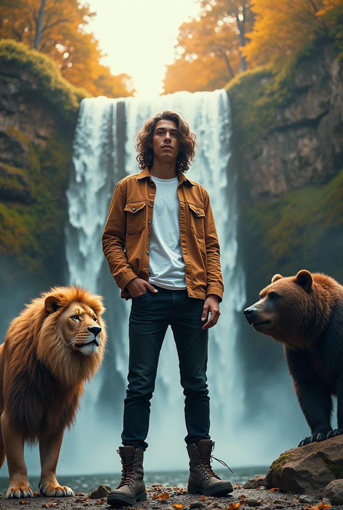 Photography of a 20 year old Asian guy with long curly hair wearing a torn golden brown jacket, white t-shirt, black jeans, boots, standing under a cool waterfall with a splash of water with a lion and a giant bear, a gorilla and an eagle, a beautiful afternoon atmosphere full of colors, beautiful light effects