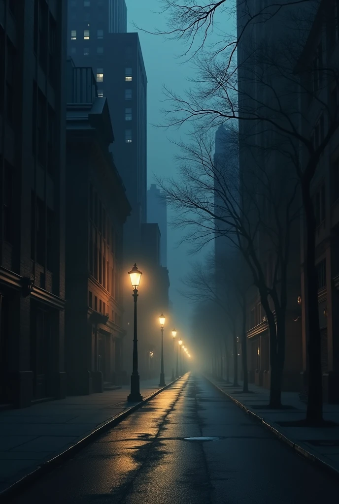 Book cover design. Night Shadows: A dark New York street at night, with long shadows cast by street lamps, symbolizing the atmosphere of mystery and loneliness that runs throughout the trilogy.