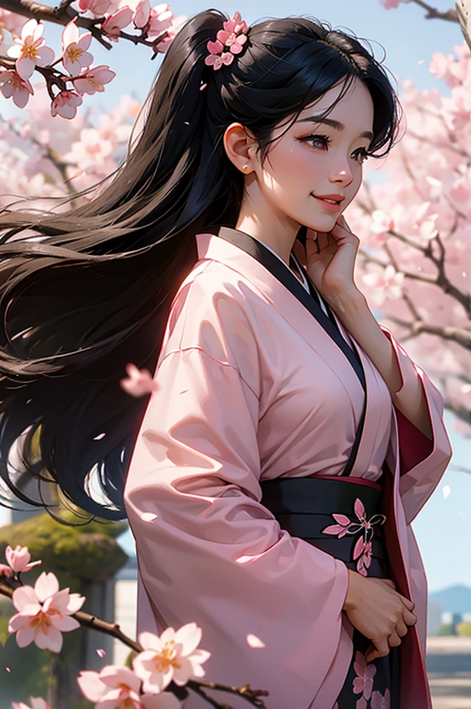 A bust-up of a beautiful woman with black hair and pink kimono smiling quietly under a row of cherry blossom trees with cherry blossom petals falling