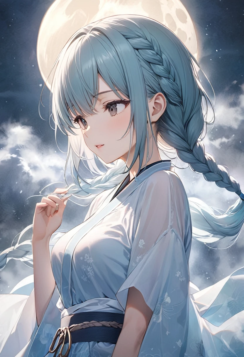(((Background large full moon))、(==Moon Chanting)))((Morning mist colored hair))、((Braided Hair))、Medium breast、cool、