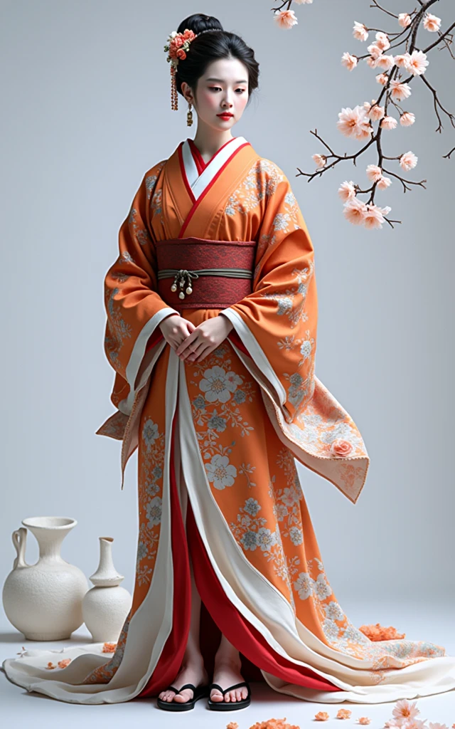 A photo of a Japanese woman wearing a traditional orange kimono with a floral pattern. She is standing gracefully with both hands slightly positioned in front of her, her hair styled in a classic Japanese updo, adorned with traditional hair ornaments. The kimono is elegant, with a detailed obi belt around her waist, and she stands on simple traditional footwear. Her expression is calm and composed, reflecting the grace and poise of traditional Japanese culture. The setting is minimalistic, with soft lighting highlighting the intricate details of her attire