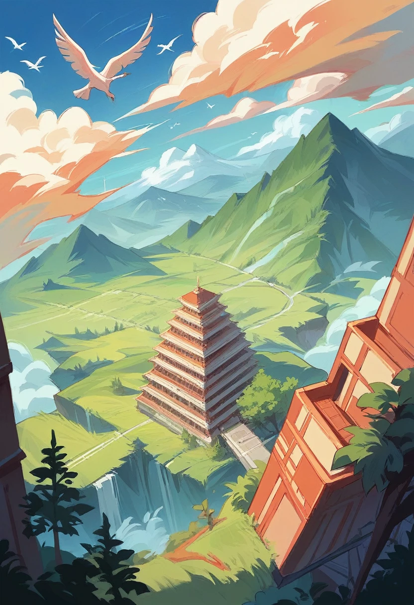A majestic Chinese-style building, perched on high mountains, surrounded by dense trees, clouds, flying cranes, and flying waterfalls. Overhead Angle