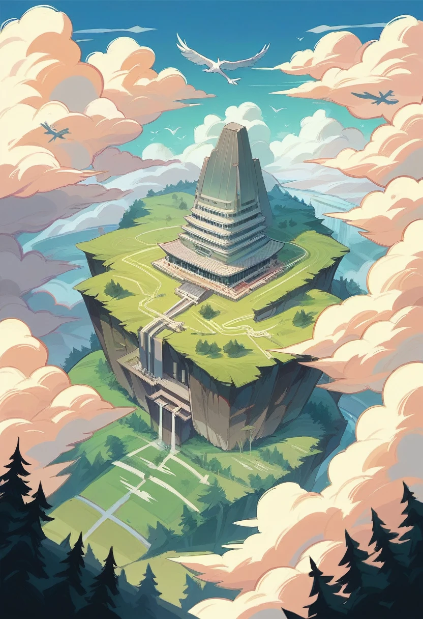 A majestic Chinese-style building, perched on high mountains, surrounded by dense trees, clouds, flying cranes, and flying waterfalls. Overhead Angle