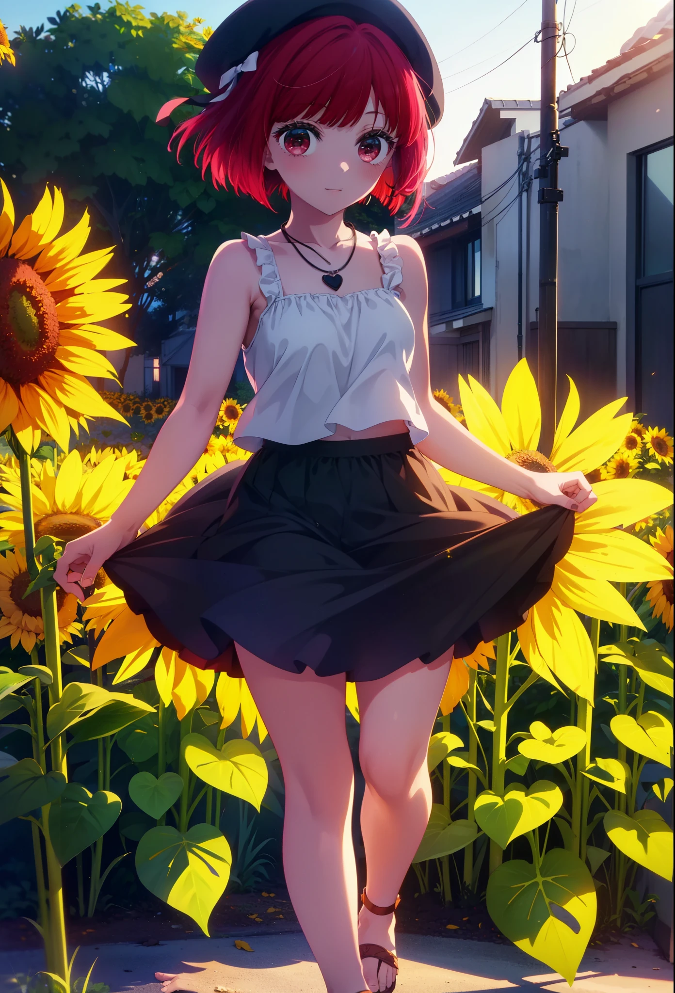 canary, Arima etc., short hair, bangs, (Red eyes:1.3), Redhead, Bobcut, smile,Open your mouth,Tank top,mini skirt,Cute heeled sandals,Heart Necklace,Are standing,Daytime,Clear skies,True Summer,Beret with ribbon,whole bodyがイラストに入るように,
break outdoors,Sunflower field,
break looking at viewer, whole body,
break (masterpiece:1.2), Highest quality, High resolution, unity 8k wallpaper, (figure:0.8), (Beautiful attention to detail:1.6), Highly detailed face, Perfect lighting, Highly detailed CG, (Perfect hands, Perfect Anatomy),