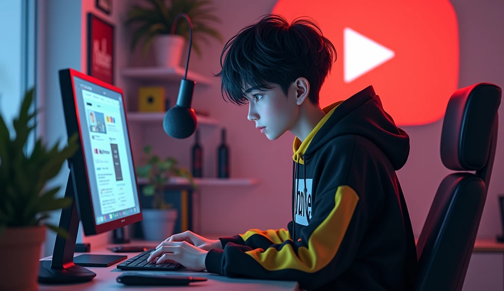 Create a image of "A 23 years anime boy, sitting in front of a computer desk with a microphone and laptop, wearing black and YALLOW hoodie with the Channel Name on it "PROMOSEEN".
The background includes a large YouTube logo on the wall, potted plants on either side, and various recording equipment.