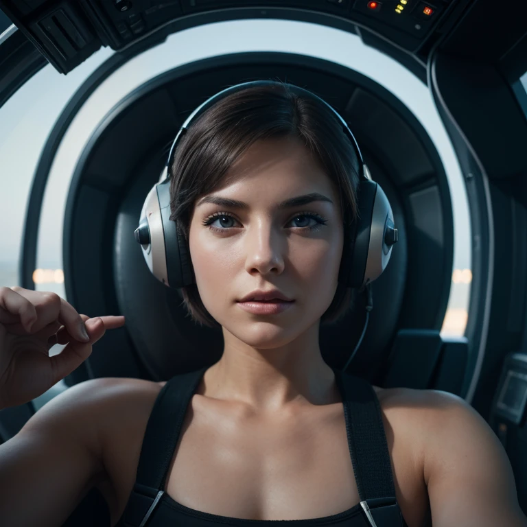 Clear Photography, Precision, 1 Caucasian Woman, Sci-Fi Pilot, Piloted by a SF cockpit, Short Bob, 20 year old muscular beautiful girl, front, 8k, Science fiction movies