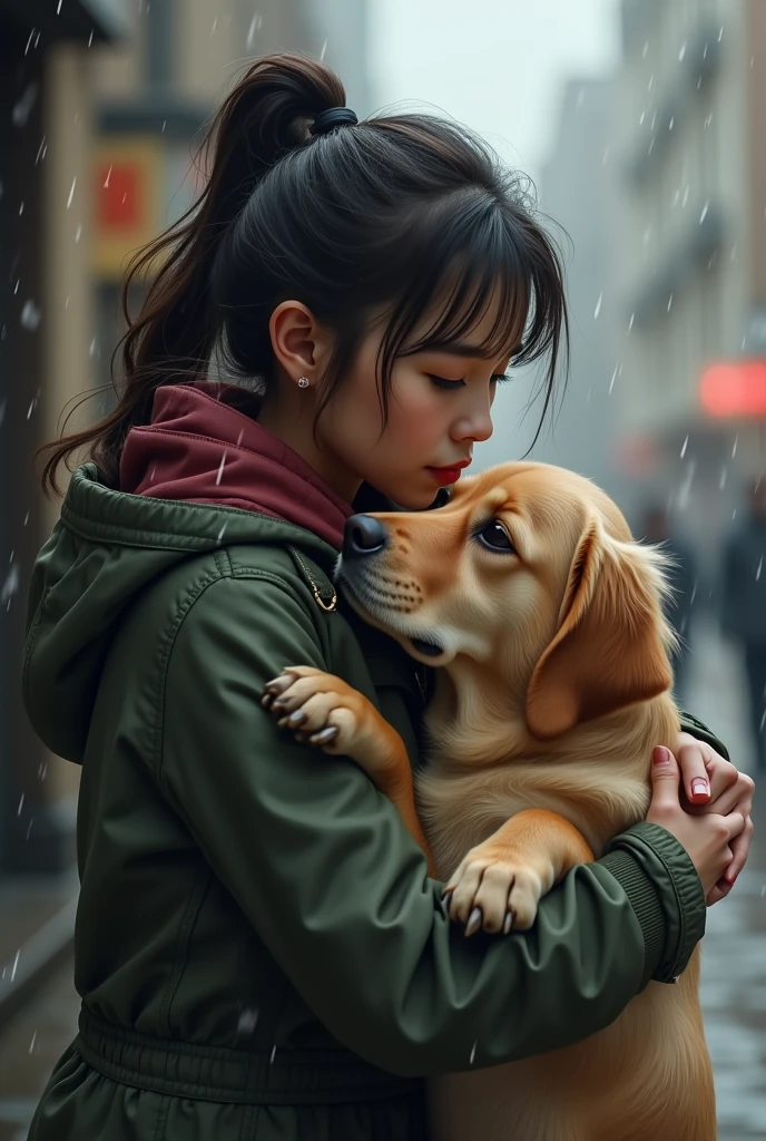 A woman with dog with rainy background woman love dog