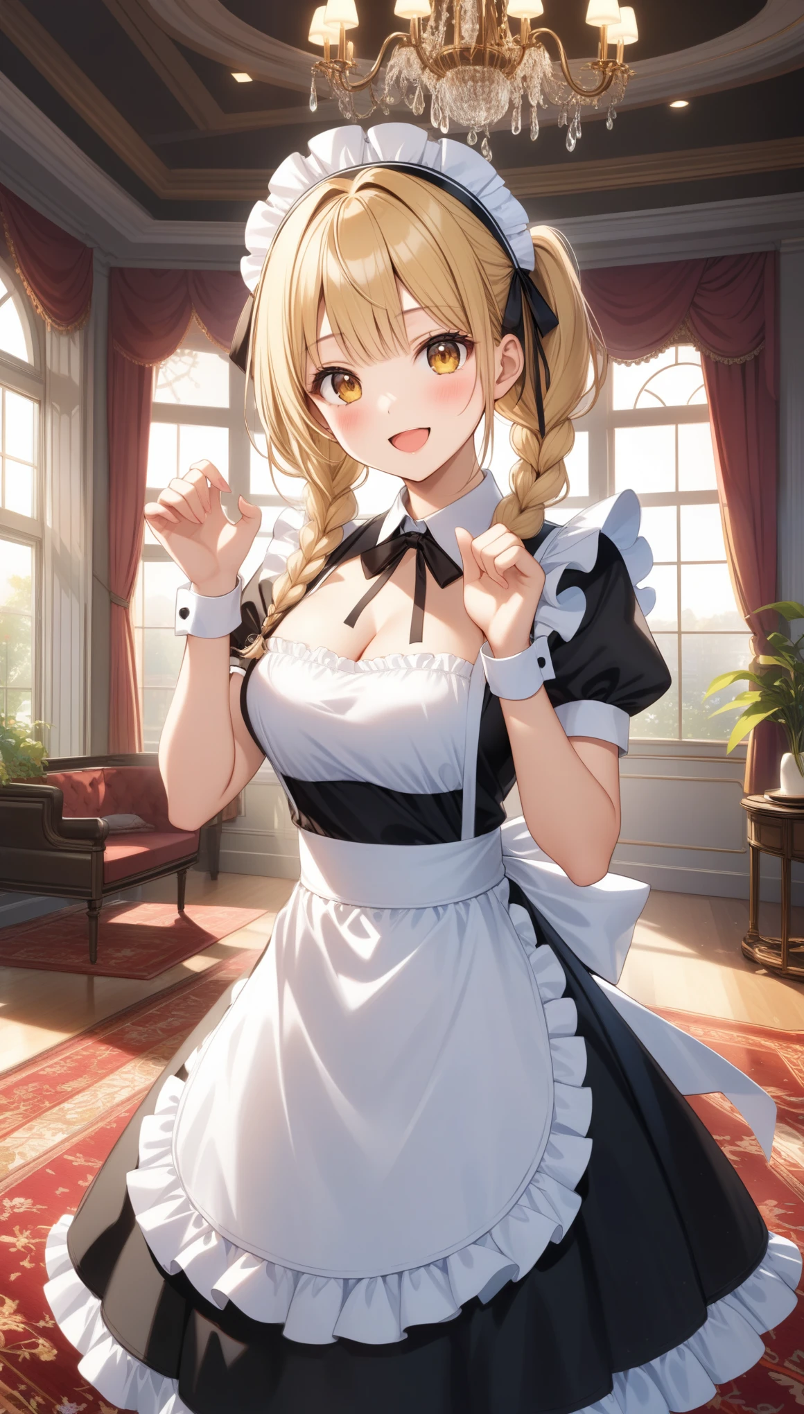 1girl, solo, long hair, breasts, looking at viewer, blush, smile, open mouth, bangs, blonde hair, dress, ribbon, cleavage, twintails, medium breasts, standing, yellow eyes, braid, short sleeves, :d, cowboy shot, frills, puffy sleeves, indoors, apron, black dress, twin braids, puffy short sleeves, wrist cuffs, maid, hands up, maid headdress, window, neck ribbon, frilled dress, waist apron, white apron, maid apron, frilled apron, claw pose, carpet, chandelier, ((32k)), ((best quality)), ((ultra high res)), ((HDR)), ((UHD)), ((extremely detailed CG)), ((unity 32k wallpaper)),