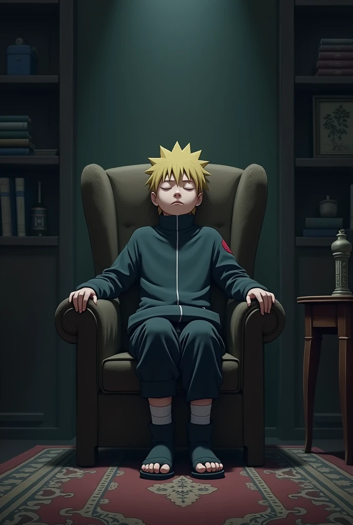Naruto child asleep by a hypnotist. Naruto asleep sitting on a chair with his feet on a table