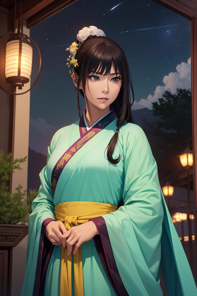 Starry sky landscape、shooting star、war (Highest quality,4K,8k,High resolution,masterpiece:1.2), Very detailed, (Realistic,Realistic,Realistic:1.3), High resolution, Hyper HD, Studio Lighting, Ultra-fine painting, Sharp focus, Physically Based Rendering, Very detailed説明, Professional, Vibrant colors, Bokeh, Sports Late Night, Ancient War Landscapes, Traditional Chinese Painting Techniques, Atmospheric lighting, Vivid color contrast, Ethereal atmosphere,Very detailed目と顔, Beautiful attention to detail, Light on the face,Hanfu 、(Hanfu: 1.1)、、(Green Eyes: 1.1)、Eyes are green、Slim figure、Small breasts、Sexy pose