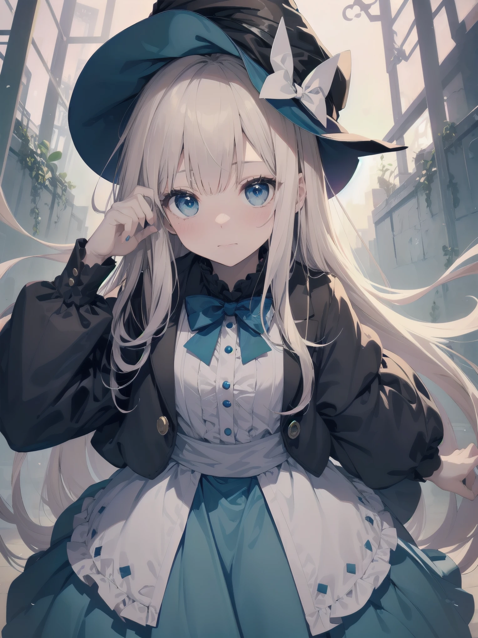 🎶, (🧙‍♀️), ✡, ✨(hat), , Alice in Wonderland, Alone, very beautiful, cute, adorable, embarrassed, alone, blue eyes, look at viewer, looking up, kawaii tech, pastel colors, kawaii, cute colors, Alice in Wonderland, alone, very beautiful, cute, adorable, embarrassed, alone, blue eyes
