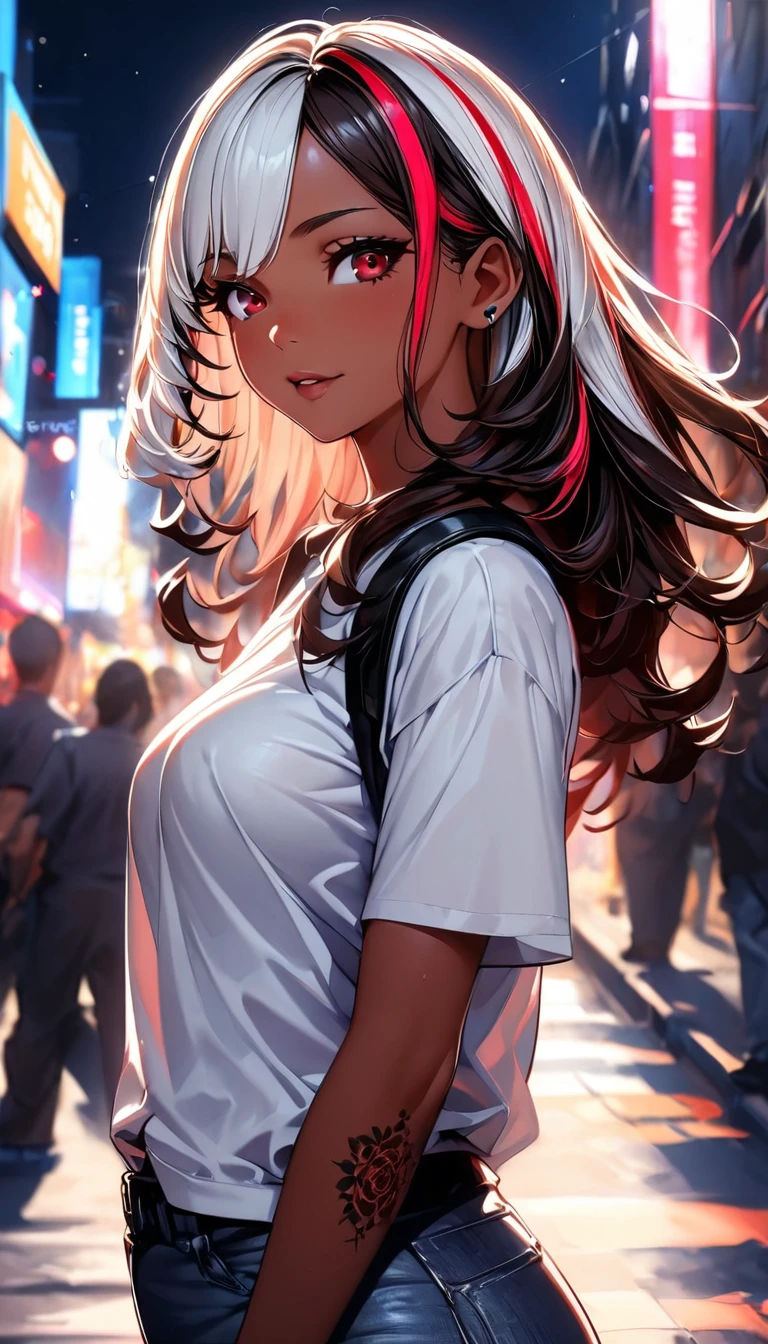 (highest quality:1.2, Very detailed, up to date, Vibrant, Ultra-high resolution, High Contrast, masterpiece:1.2, highest quality, Best aesthetics), Portraiture、girl、singer, solo, ((25-years-old:1)), Bright colors, Beautiful fine details、Beautiful lip detail、medium wave hair、red and white ((streaked hair:1.6)), highlights hair: 1.5, red eyes, slim body, medium breast, (tan skin:1.1), (Floral Fineline tattoo design on left arm:1), (Walking down the busy street at night:1), sparkling city lights, wearing headphone, daypack on left shoulder, t-shirt, jeans short, long boots, cowboy shot