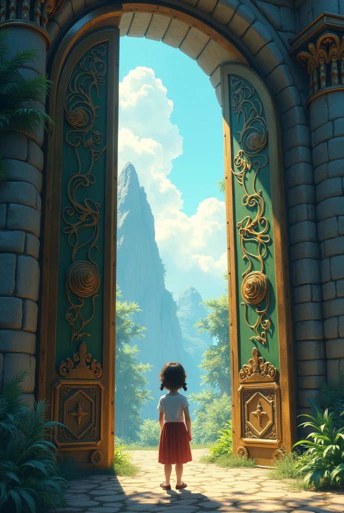 Young girl standing infront of a big gate open where she can see magical world
