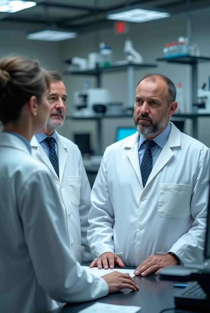 Create two people who are being audited for quality, and the auditor. Who are being audited wearing lab coats and they are in the lab, one of them is male