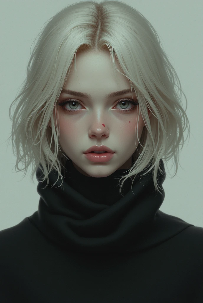 Cool and emotionless girl with light Blonde hair and blank onyx colored eyes, mole on the bottom right cheek