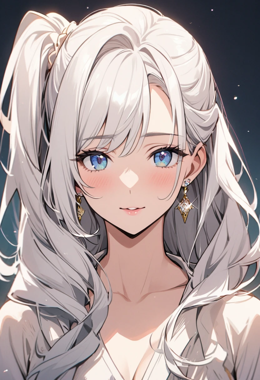 girl, mature, white hair, diamond earrings, long hair, side ponytail, blue eyes, front face, beautiful, cute