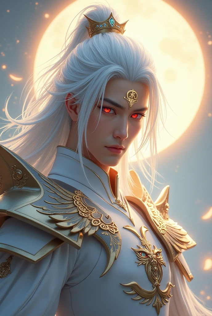 Handsome young xianxia protagonist,man,guy,long silver hair, Crimson red eyes combination ,eyes focus detailed((no noice)),(((no noice))),and long silver hair with white undertone,and the golden rune motiv scratched on his forehead((no noice)),use armour featuring like pattern on furr of white Tiger chinese with white dominant color,pauldron protective shape like dragon head,breastplate featuring like white Tiger,breastplate detailed white Tiger shape,shoulder protective dragon shape like white Tiger,sun and moon background, white dominant color,white dominant color, white dominant color armour,with majestic silver line , ((no noice))And majestic golden wings at back,wings at back,terrifying aura around,24K ultra hd,face and eyes detail,lips and face detail,masterpiece ,better quality,ultraa realistic face((no noice)),good face proportion,eyes detailed,((perfect face)),perfect eyes ,perfect lips proportion((balance lips)),perfect face proportion,((balance proportion of face)),((balance and perfect left and right eyes proportion)),((masterpiece))