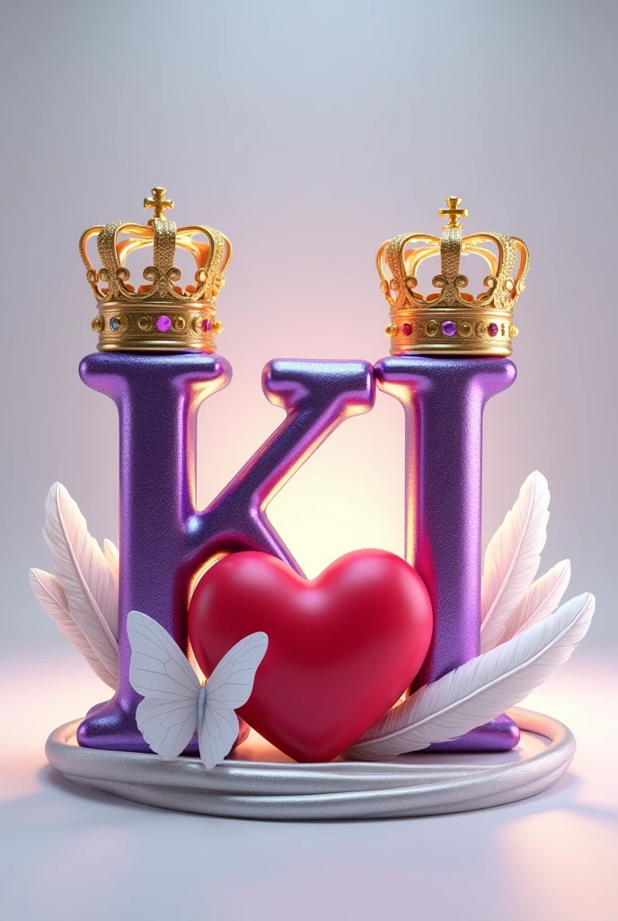 A 3d render of the two capital letters "K" and "I" in a purple and gold metallic font with golden British crowns above both letters and a white feather and butterfly, with a light shine behind the word, and a silver swirl underneath. A red heart between both letters, The background is a light gray.