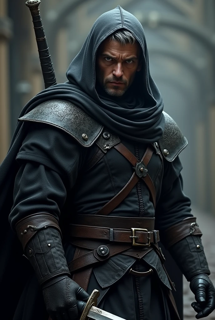Short grey hair、Red Eyes、A fearless face、Black opaque clothing with leather hood、Wearing gloves、Holding a medieval sword、One caucasican male Swordsman、36 year、combat style