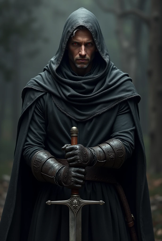Short grey hair、Red Eyes、A fearless face、Black opaque clothing with leather hood、Wearing gloves、Holding a medieval sword、One caucasican male Swordsman、36 year、combat style