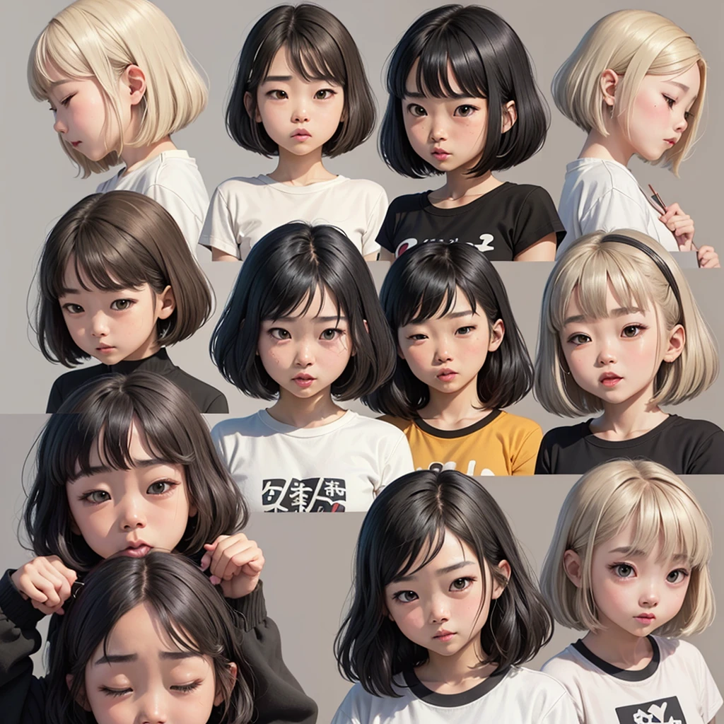 bob cut hairstyle, Black haired Japanese girl, (No bangs), Thick eyebrows、白いsimpleなＴshirt、 (style of LINE stickers), gray background , Stickers、(9 Tables，9 poses and expressions such as joy, anger, sadness and happiness)，A variety of emotions，Masterpiece、Commercial、simple、No discomfort、Not unnatural、