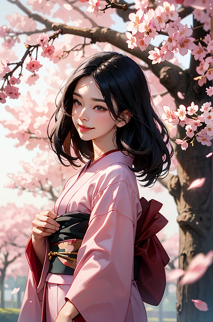 A bust-up of a beautiful woman with black hair and pink kimono smiling quietly under a row of cherry blossom trees with cherry blossom petals falling