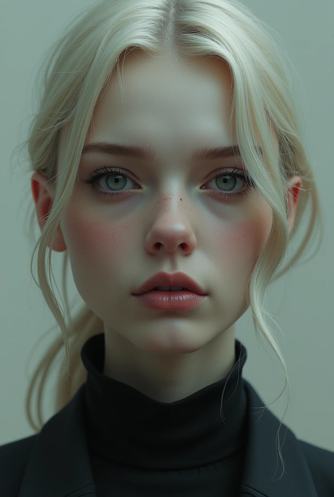 Cool and emotionless girl with light Blonde hair and blank onyx colored eyes, mole on the bottom right cheek
