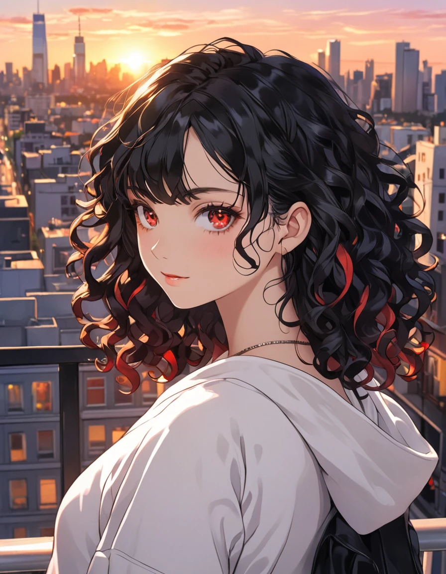 Curly black hair girl, Bright red eyes, white sweatshirt, city at sunset