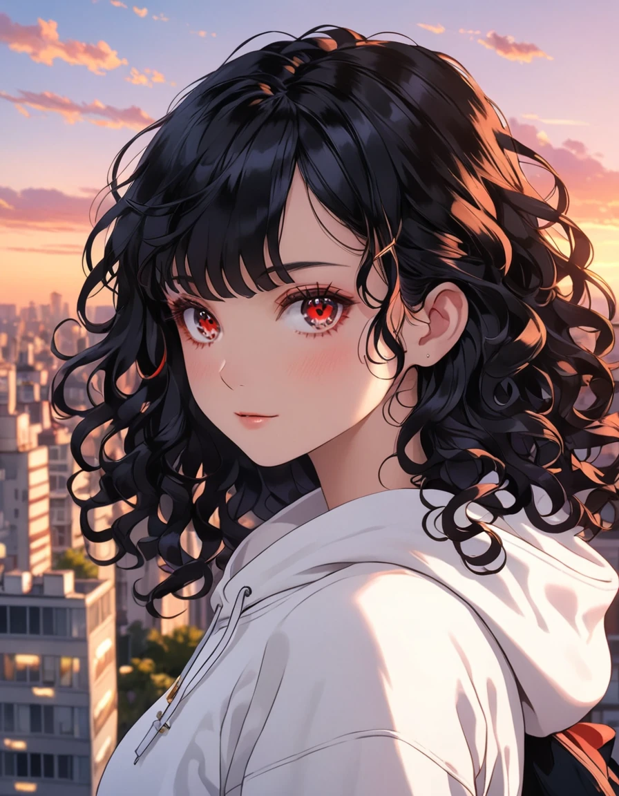 Curly black hair girl, Bright red eyes, white sweatshirt, city at sunset