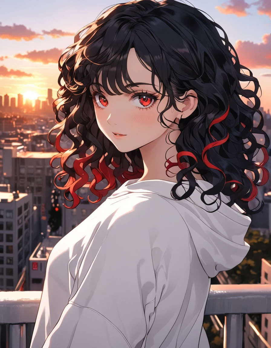 Curly black hair girl, Bright red eyes, white sweatshirt, city at sunset