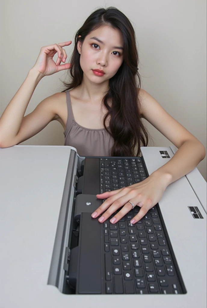 A woman with long, dark hair leans over a printer, her head resting on the glass surface. She gazes intently at the camera with a soft expression, wearing a light-colored, sleeveless top. Her left hand rests on the printer, while the background is softly blurred, highlighting her and the machine. The overall mood is surreal and artistic, blending human form with an everyday object.