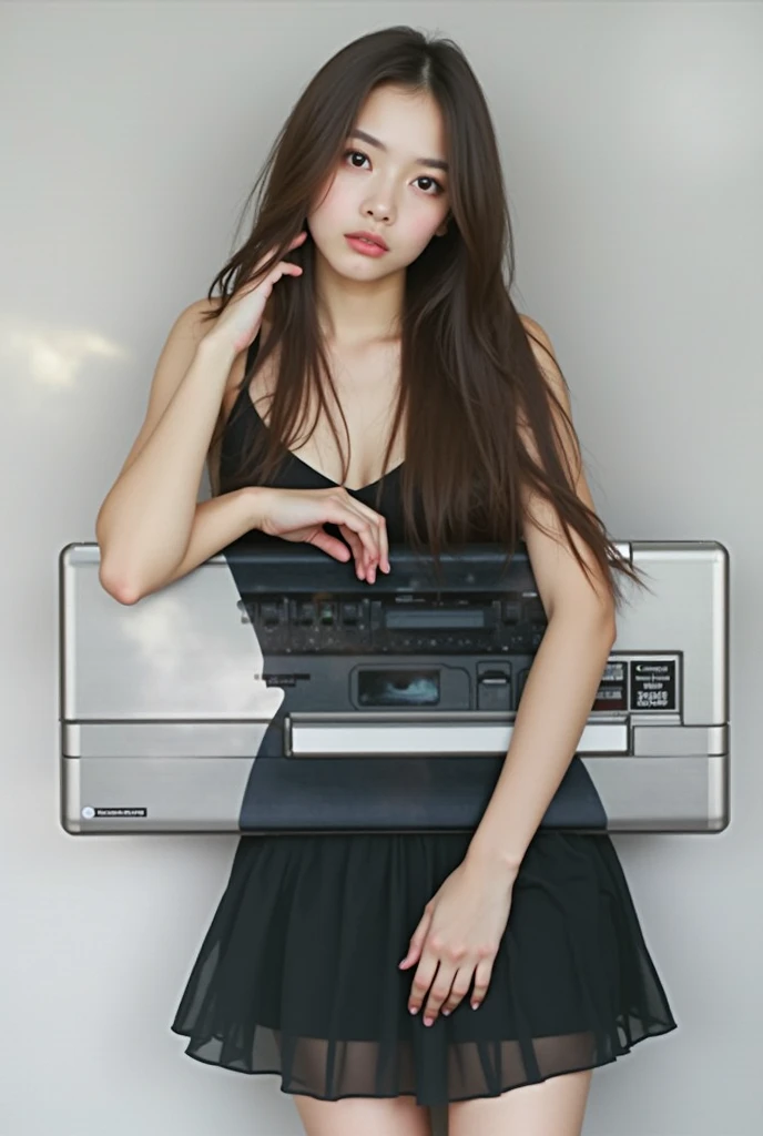 highest quality、8k、masterpiece、Photoreal, sharp focus, High level image quality, High resolution, portrait, alone, Japanese,  Beautiful woman, frome above,((dynamic pose)),Blouse with cleavage visible, glamor body,(jumbled background, messy room:1.3), dark background