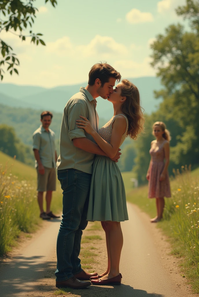 Boy and girl make out in the front father and mother in road
