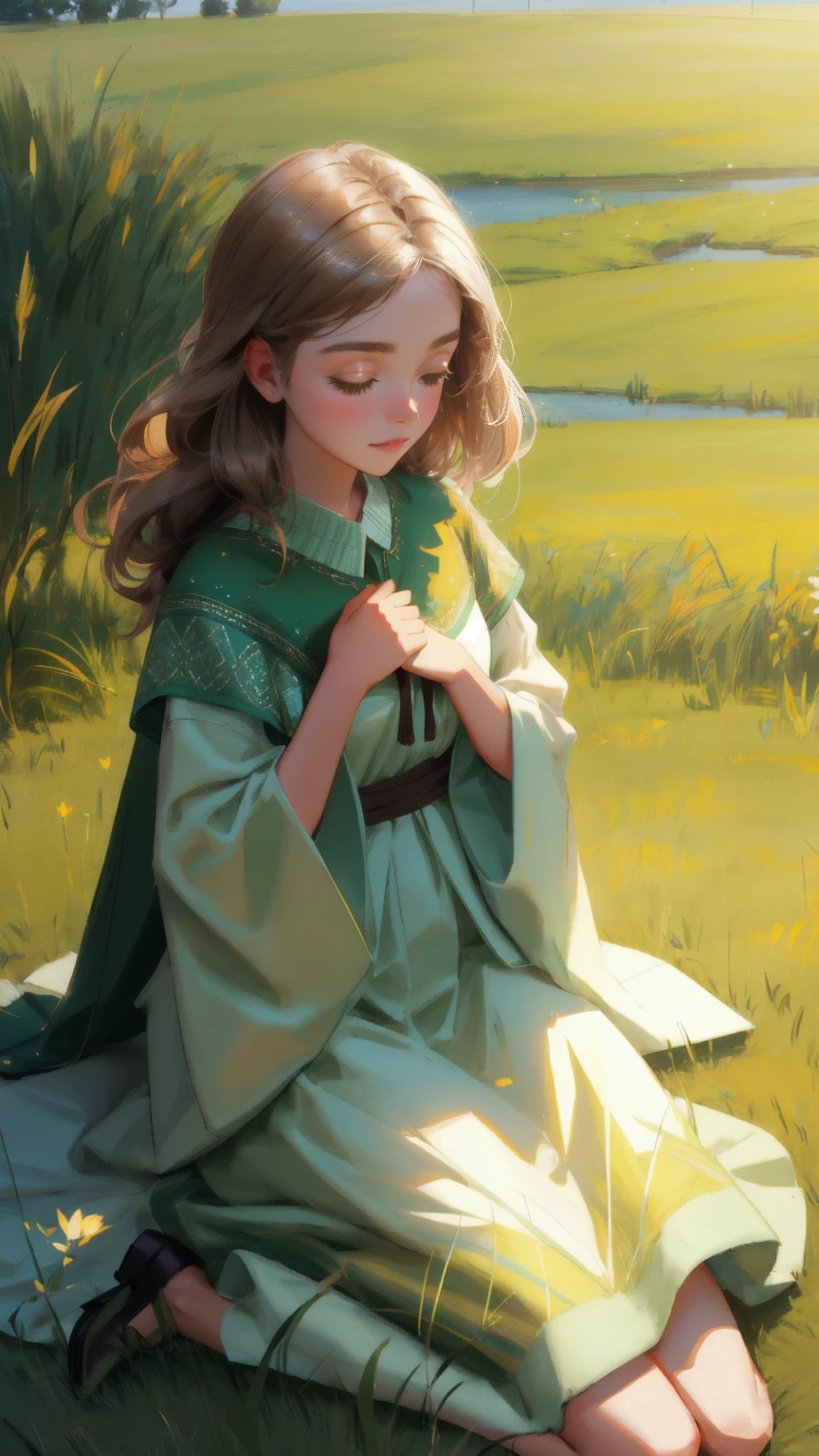 Create an image of a beautiful, nature-themed girl character made of soft green grass, kneeling and gently embracing the Earth. She should be positioned on a 'Rug-Pull-Proof Carpet,' with the surrounding environment and the background all in shades of brown to enhance the warmth and grounding effect.