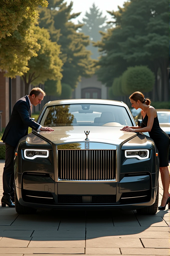 A man with rolls Royce or women clean the car