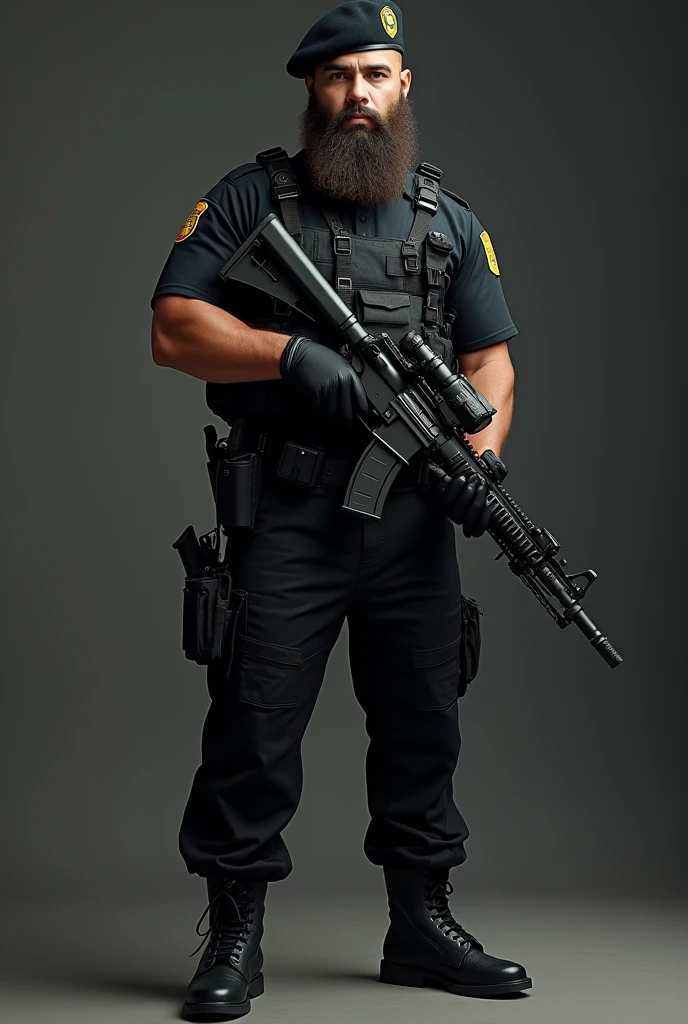 Young strong bearded Brazilian cafuzo police officer in black military tactical police uniform, Lottery, elite, boina preta, armed with rifle, black boots.