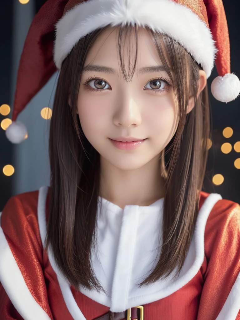Beautiful attention to detail,Droopy eyes,Beautiful lip detail, Very detailed eyes and face, Long eyelashes, A girl of half Scandinavian and half Japanese descent, Fantasy Characters, (Santa Claus Costume:1.25),smile,short hair,Very detailed, Dramatic lighting, Luminous effect, haze, Intricate details, Volumetric lighting, Structure of the film, Ultra-realistic, 8k, Highest quality, masterpiece, Realistic,High-resolution correction,Snowy night town