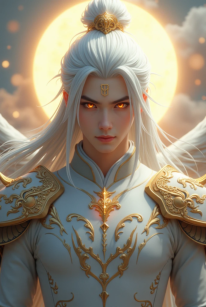  Handsome young xianxia protagonist,man,guy,long silver hair, golden amber eyes combination ,eyes focus detailed((no noice)),(((no noice))),and long silver hair with white undertone,and the golden rune motiv  scratched on his forehead((no noice)),use armour featuring like pattern on furr of white Tiger chinese with white dominant color,pauldron protective shape like dragon head,breastplate featuring like white Tiger,breastplate detailed white Tiger shape,shoulder protective dragon shape like white Tiger,sun and moon  background, white dominant color,white dominant color, white dominant color armour,with majestic silver line , ((no noice))And majestic golden  wings at back,wings at back,terrifying aura around,24K ultra hd,face and eyes detail,lips and face detail,masterpiece ,better quality,ultraa realistic face((no noice)),good face proportion,eyes detailed,((perfect face)),perfect eyes ,perfect lips proportion((balance lips)),perfect face proportion,((balance proportion of face)),((balance and perfect left and right eyes proportion)),((masterpiece))